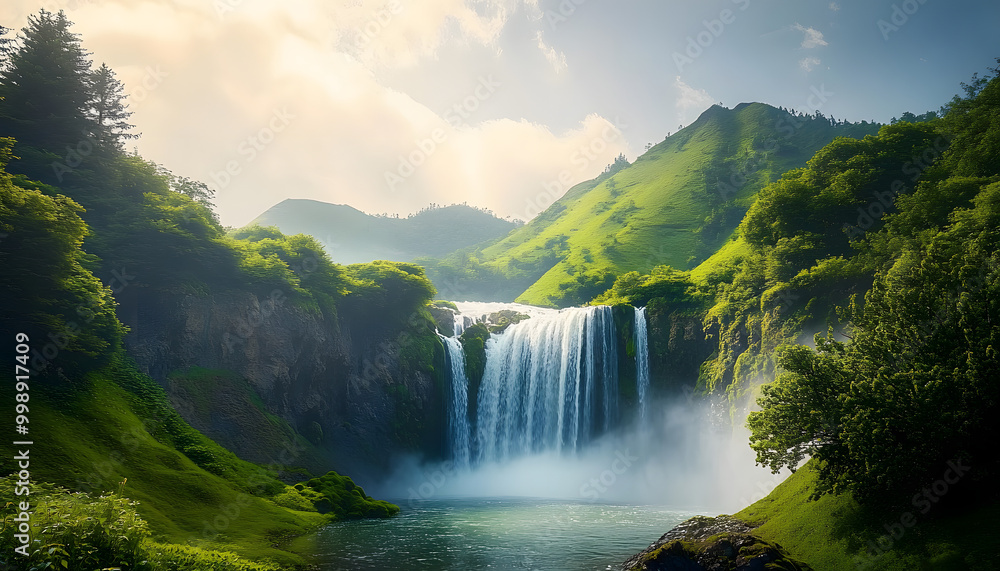 Fototapeta premium beautiful green mountain landscape waterfall generative ai