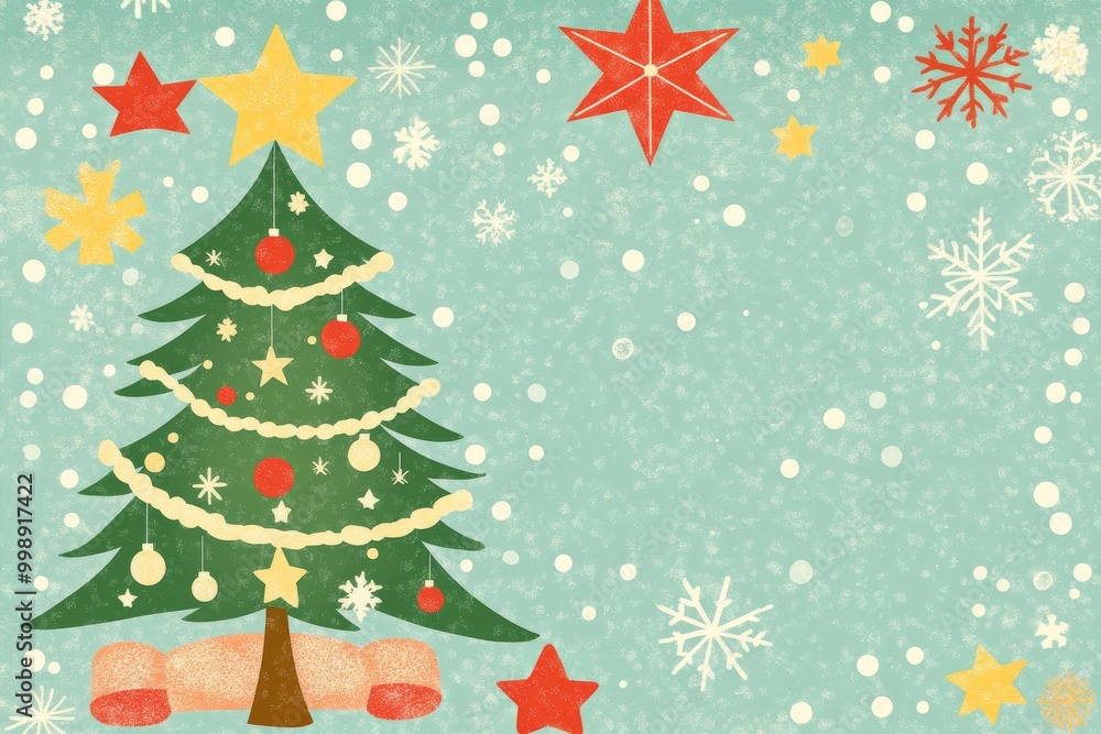 Simple and colorful illustration of a Christmas tree and festive stars on a snowy background, symbolizing holiday cheer, joy, and the magic of Christmas Simple and colorful illustration of a Christmas tree and festive stars on a snowy background, symbolizing holiday cheer, joy, and the magic of Christmas