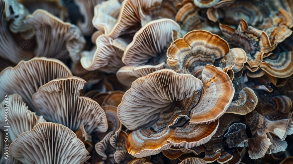 A detailed image capturing the beauty of layered, brown-capped mushrooms, creating a mesmerizing pattern with their gills and textures that evoke a natural elegance. A detailed image capturing the beauty of layered, brown-capped mushrooms, creating a mesmerizing pattern with their gills and textures that evoke a natural elegance.