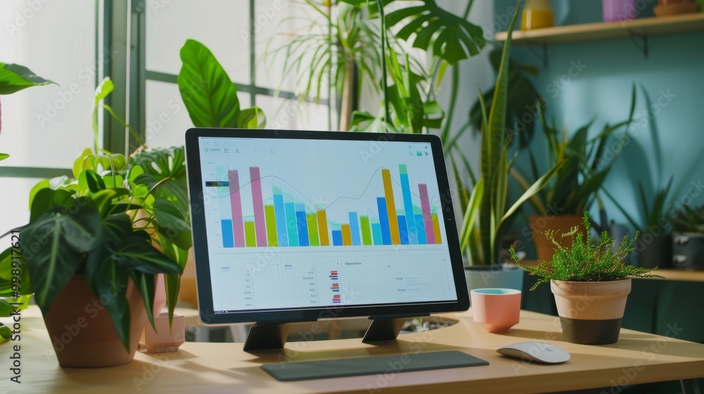 A modern desktop setup with a computer screen displaying colorful bar graphs amidst lush green indoor plants. A modern desktop setup with a computer screen displaying colorful bar graphs amidst lush green indoor plants.