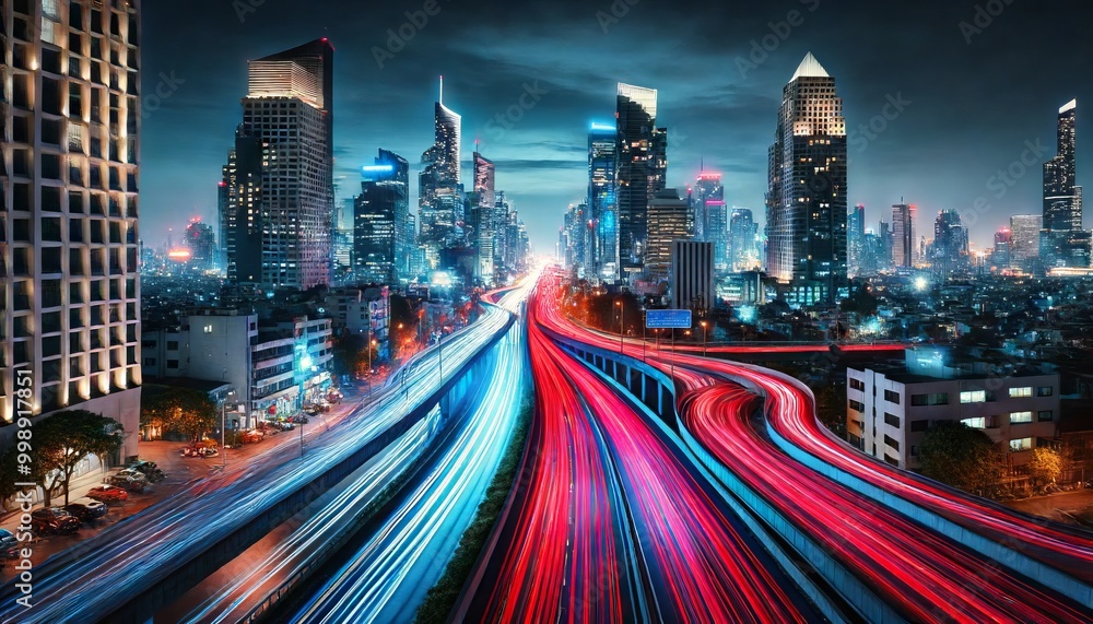 Vibrant Cityscape at Night with Light Trails Vibrant Cityscape at Night with Light Trails
