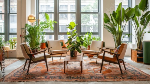 A bright and airy room adorned with lush plants, modern furniture, and large windows bringing in natural light, creating a refreshing and relaxing space.