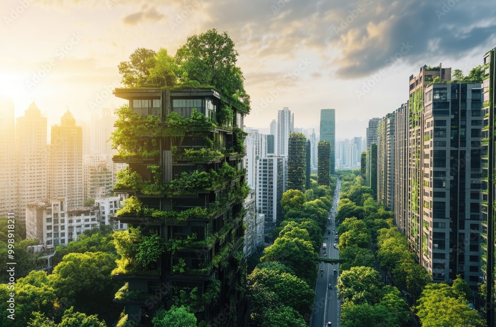 A high-rise building with lush greenery on its facade, showcasing a sustainable and eco-friendly urban environment. A high-rise building with lush greenery on its facade, showcasing a sustainable and eco-friendly urban environment.