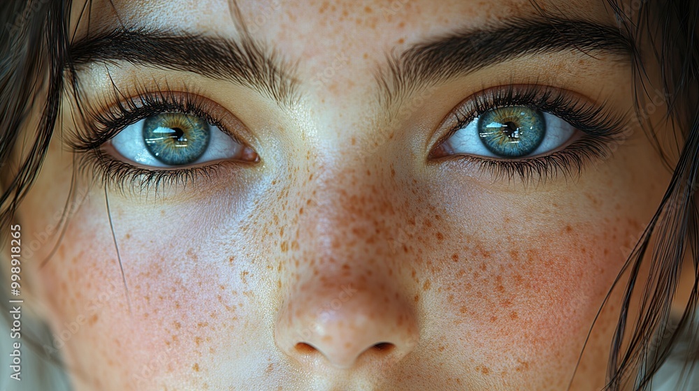 Close Up Portrait of a Woman with Blue Eyes and Freckles Close Up Portrait of a Woman with Blue Eyes and Freckles