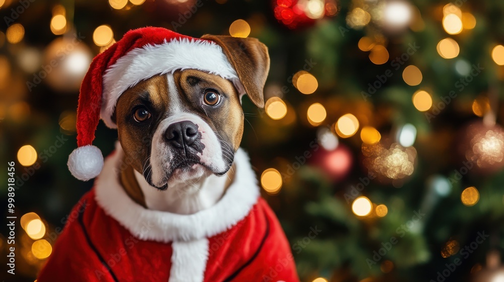 A Pomeranian Pomeranian dog in a Santa Claus hat on the background of a Christmas tree with gifts A Pomeranian Pomeranian dog in a Santa Claus hat on the background of a Christmas tree with gifts