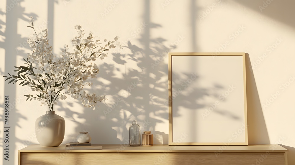 Fototapeta premium A minimalist decor arrangement featuring a ceramic vase with delicate flowers and an empty picture frame casting soft shadows on the wall..