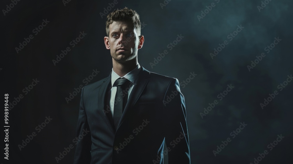 A confident man in a suit stands with firm posture against a dark, moody backdrop, exuding strength and poise. A confident man in a suit stands with firm posture against a dark, moody backdrop, exuding strength and poise.