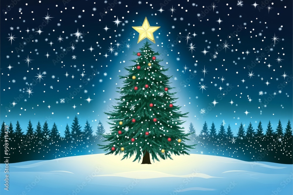 Whimsical Christmas tree illustration with colorful lights in a snowy forest, symbolizing holiday magic, fun, and the beauty of winter celebrations Whimsical Christmas tree illustration with colorful lights in a snowy forest, symbolizing holiday magic, fun, and the beauty of winter celebrations