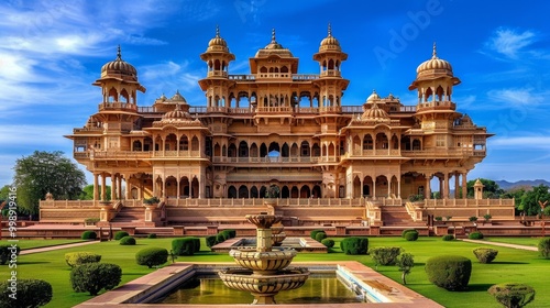 A Glimpse of Architectural Splendor The Patwon Ki Haveli, a Majestic Palace in Jodhpur, India, with a Fountain in the Foreground, Jodhpur Palace, India, Architecture