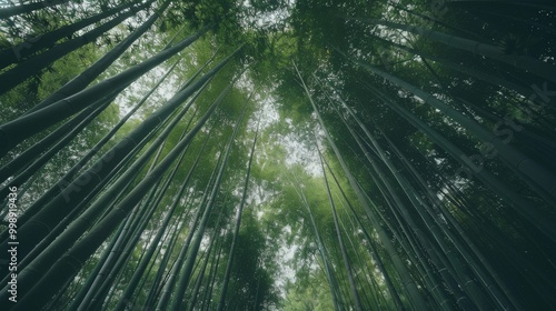 Tall bamboo trees reach skyward, forming a dense canopy that filters the sunlight to a gentle green glow.