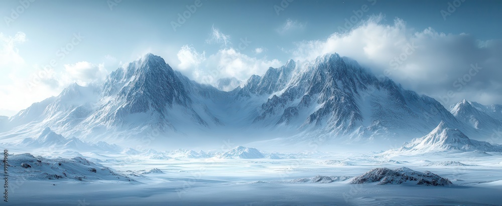 breathtaking frozen arctic landscape featuring vast icy terrains and towering snowcovered mountains enveloped in a chilling serene atmosphere under a pale blue sky breathtaking frozen arctic landscape featuring vast icy terrains and towering snowcovered mountains enveloped in a chilling serene atmosphere under a pale blue sky