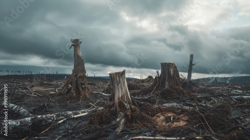 Jagged stumps stretch across a desolate landscape under threatening skies, reflecting the stark reality of deforestation.