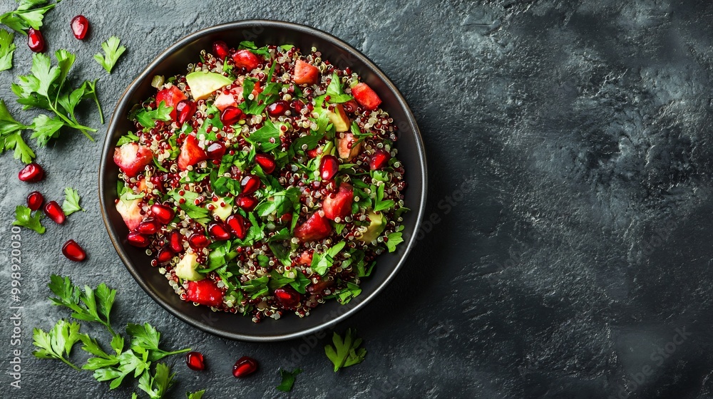 Pomegranate quinoa salad with fresh herbs, captured on a concrete texture background Pomegranate quinoa salad with fresh herbs, captured on a concrete texture background