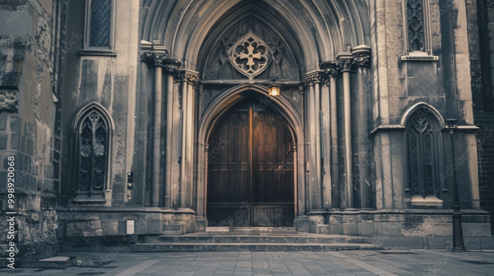 Obraz premium A majestic gothic doorway with grand wooden doors and arched stone supports, exuding an aura of timeless holiness and awe.