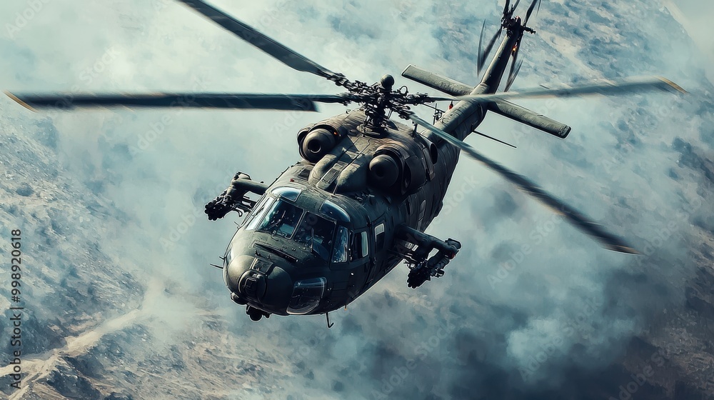 Fototapeta premium A military helicopter gunship flying low over rugged terrain, showcasing its heavy armament, prepared for combat action
