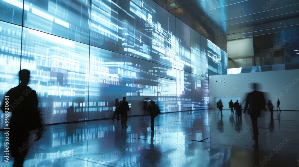 Silhouettes of people walking in a modern, vast hall with glowing digital screens, creating a blend of human presence and advanced technology. Silhouettes of people walking in a modern, vast hall with glowing digital screens, creating a blend of human presence and advanced technology.