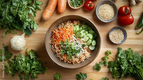 A vibrant bowl of fresh salad, garnished with vegetables like carrots and cucumbers, surrounded by herbs and ingredients on a wooden surface.