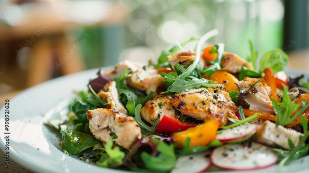 A vibrant salad with grilled chicken, leafy greens, and colorful vegetables displayed on a white plate, capturing the essence of fresh, healthy eating. A vibrant salad with grilled chicken, leafy greens, and colorful vegetables displayed on a white plate, capturing the essence of fresh, healthy eating.