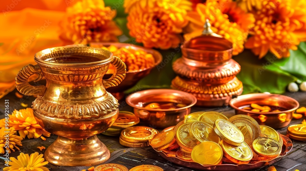 Golden Vessels with Marigold Flowers, Coins, and Ritualistic Offerings, Indian Culture, Tradition, Festival Golden Vessels with Marigold Flowers, Coins, and Ritualistic Offerings, Indian Culture, Tradition, Festival