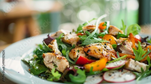 A vibrant salad with grilled chicken, leafy greens, and colorful vegetables displayed on a white plate, capturing the essence of fresh, healthy eating.