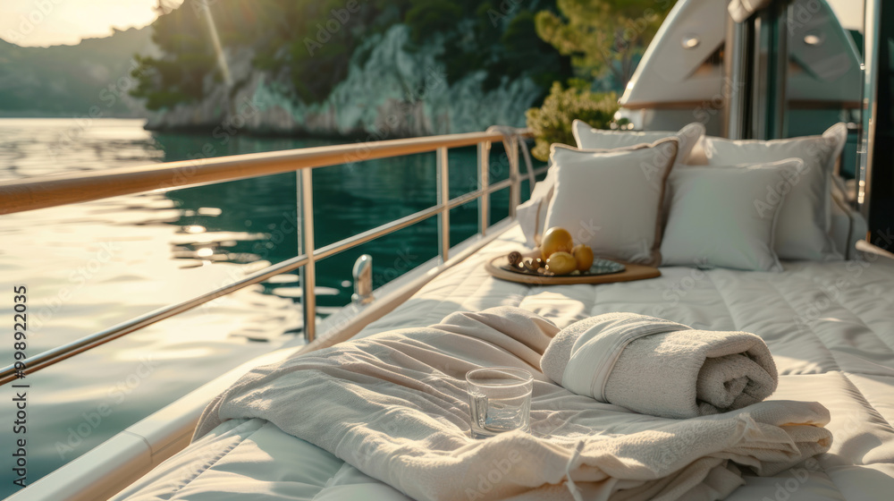 Fototapeta premium A discussion on the importance of luxury bedding for creating a relaxing and sophisticated environment on yachts.