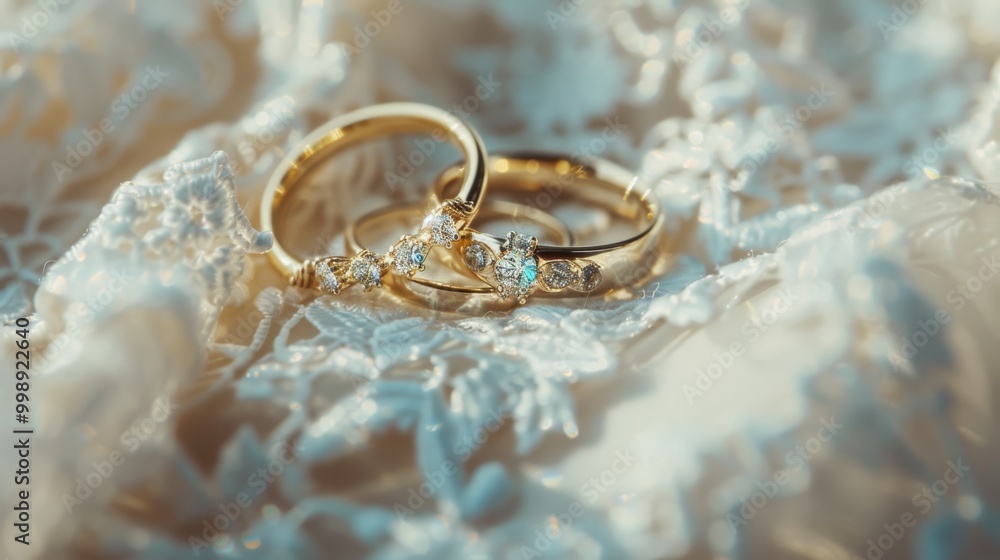 Two golden wedding rings rest elegantly on delicate lace fabric, symbolizing commitment and romance. Two golden wedding rings rest elegantly on delicate lace fabric, symbolizing commitment and romance.