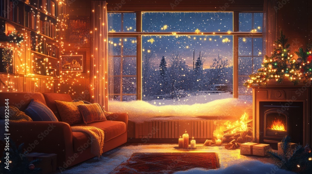 Cozy Cabin Interior Decorated for Christmas with Fireplace and Snowy Window View Cozy Cabin Interior Decorated for Christmas with Fireplace and Snowy Window View