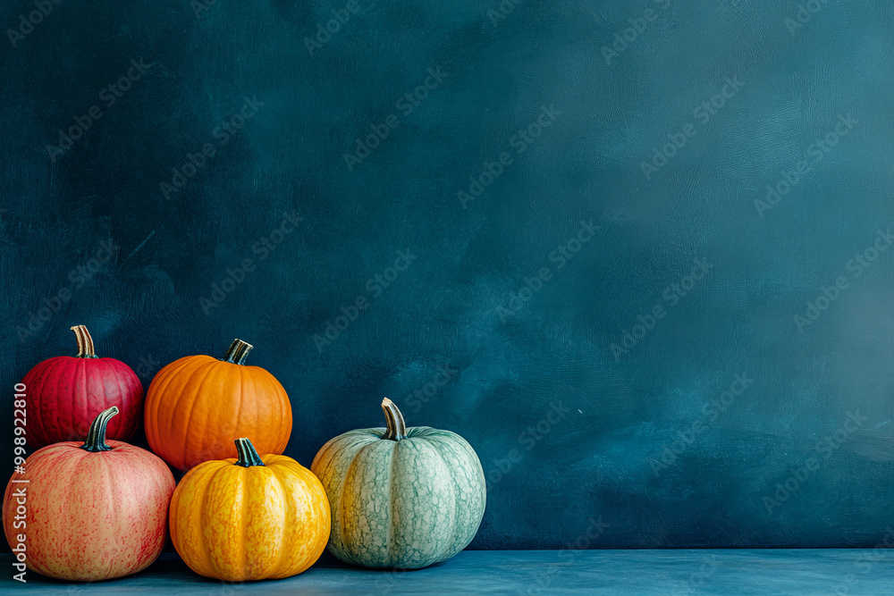 Bright multi-colored pumpkins lie against a blue wall. Horizontal shot. There is an empty space on the wall for text. Bright multi-colored pumpkins lie against a blue wall. Horizontal shot. There is an empty space on the wall for text.