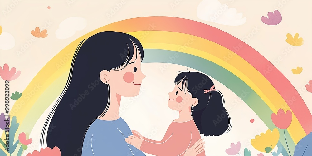 A joyful moment between a mother and daughter under a vibrant rainbow in a colorful garden A joyful moment between a mother and daughter under a vibrant rainbow in a colorful garden