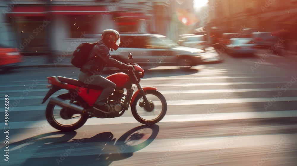A motorcyclist on a red bike speeds through the bustling city streets, captured in motion with a vibrant blur of urban life. A motorcyclist on a red bike speeds through the bustling city streets, captured in motion with a vibrant blur of urban life.
