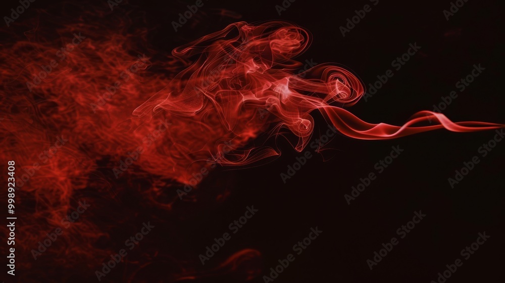 Fototapeta premium Waves of vibrant red smoke swirl dynamically against a stark black background, creating an intense and captivating visual effect.