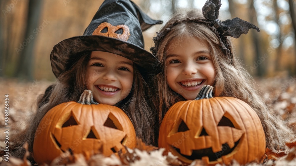 Halloween Celebrations with Witches and Pumpkins in an Autumn Forest Setting Halloween Celebrations with Witches and Pumpkins in an Autumn Forest Setting