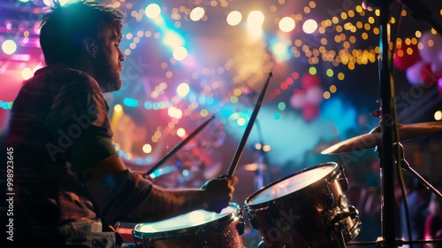 A lively drummer plays energetically on stage, illuminated by colorful lights, capturing the vibrant essence of a music festival.