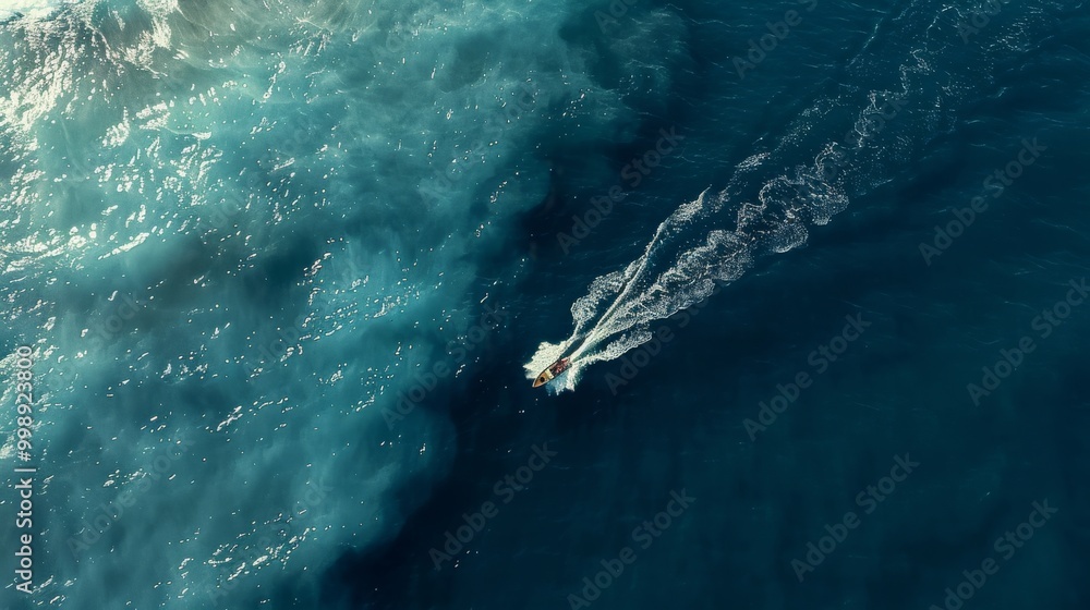 Fototapeta premium An aerial view of a single boat cutting through the clear, deep blue ocean, leaving frothy trails in its wake, epitomizing solitude and adventure.