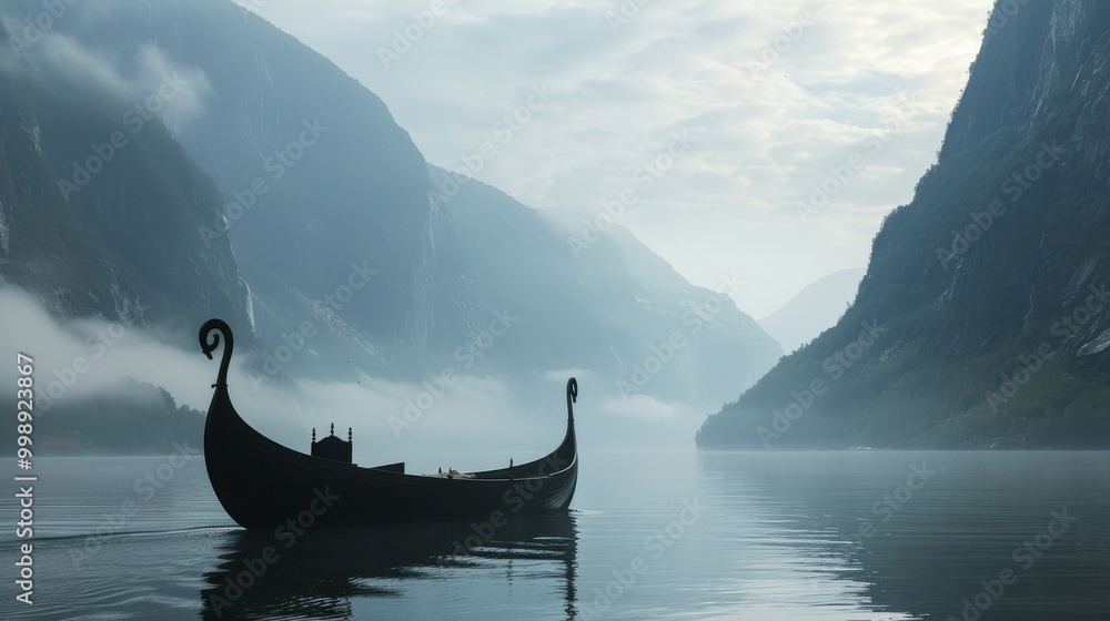 © VK Studio - A solitary Viking ship glides through a misty fjord, surrounded by towering mountains and tranquil waters, evoking a sense of mystery and ancient voyages. © VK Studio - A solitary Viking ship glides through a misty fjord, surrounded by towering mountains and tranquil waters, evoking a sense of mystery and ancient voyages.