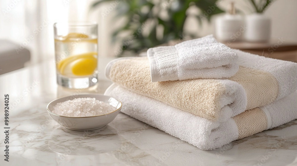 White towels stacked on a counter, near rice bowl and orange juice glass White towels stacked on a counter, near rice bowl and orange juice glass