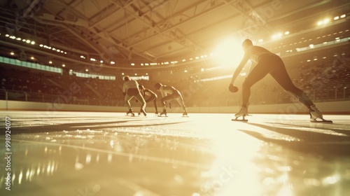 Speed skaters race towards the finish line on a well-lit rink, with golden sunlight streaming through the arena, capturing the intensity of the competition. photo