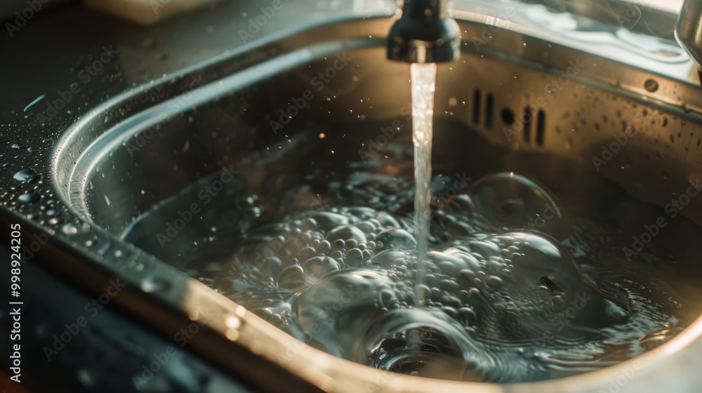 Water stream bubbling in a kitchen sink with gleaming metal surfaces, encapsulating everyday life and simplicity. Water stream bubbling in a kitchen sink with gleaming metal surfaces, encapsulating everyday life and simplicity.