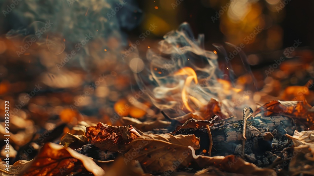 A close-up of a small campfire surrounded by crisp autumn leaves, with smoke and flames swirling into the golden autumn air. A close-up of a small campfire surrounded by crisp autumn leaves, with smoke and flames swirling into the golden autumn air.