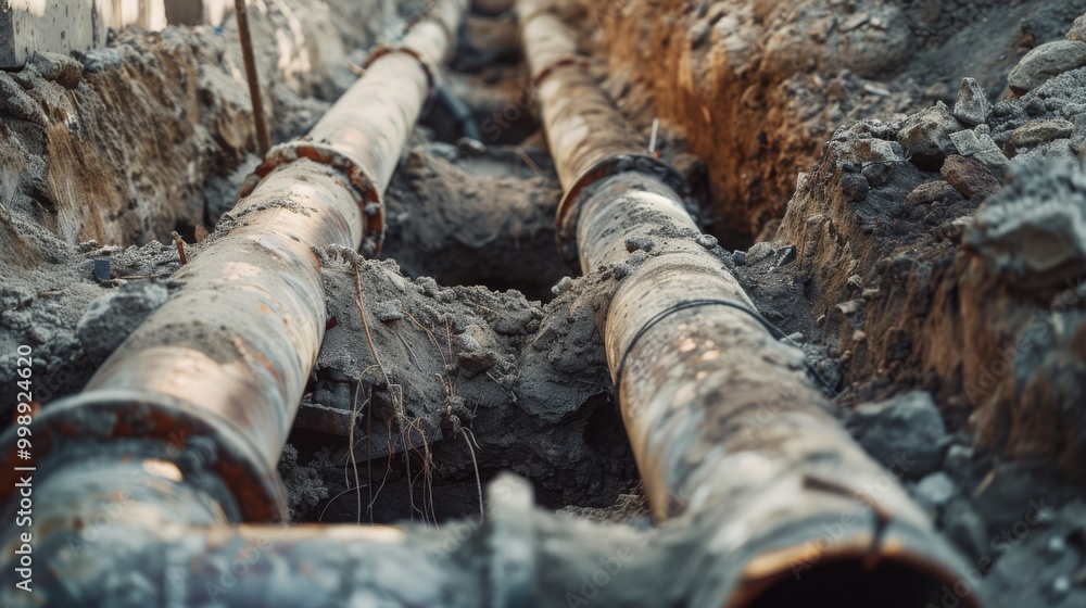 Close-up of large underground pipes surrounded by exposed soil and dirt, illustrating the raw and gritty aspect of urban infrastructure work.