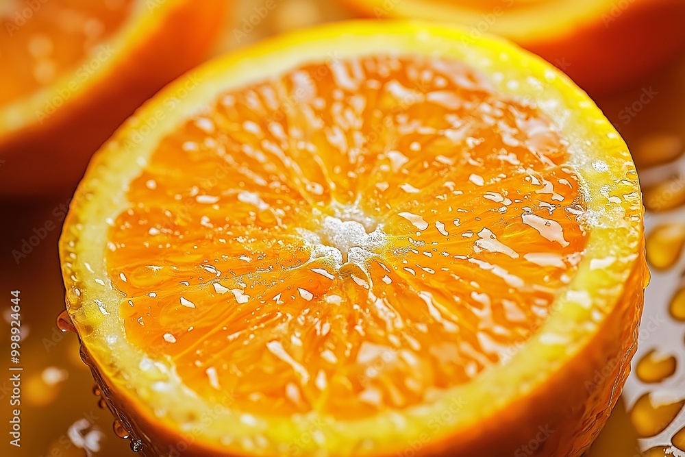 A succulent half of an orange, with fresh juices glistening on its surface, representing refreshing and nutritious citrus fruit. A succulent half of an orange, with fresh juices glistening on its surface, representing refreshing and nutritious citrus fruit.