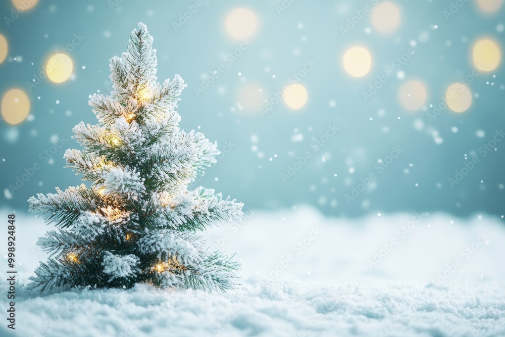 Snow-dusted Christmas tree standing alone in a snowy landscape, surrounded by soft winter bokeh lights, creating a serene and peaceful holiday atmosphere in the wilderness. Snow-dusted Christmas tree standing alone in a snowy landscape, surrounded by soft winter bokeh lights, creating a serene and peaceful holiday atmosphere in the wilderness.