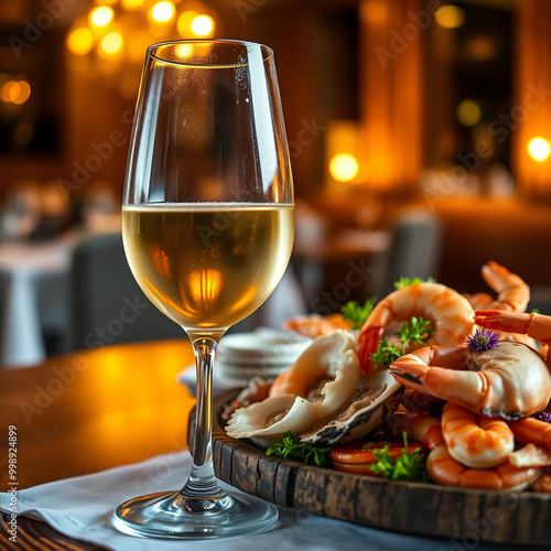 glass of white wine and seafood