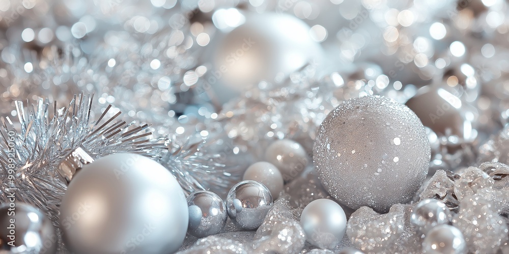 A vibrant collection of festive silver ornaments and baubles, perfect for holiday decorations, shimmering with elegance and beauty. A vibrant collection of festive silver ornaments and baubles, perfect for holiday decorations, shimmering with elegance and beauty.