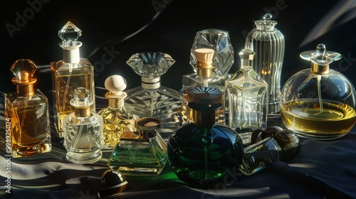 A collection of elegant, crystal perfume bottles is beautifully arranged, catching the soft play of light on the diverse shapes and reflective surfaces.