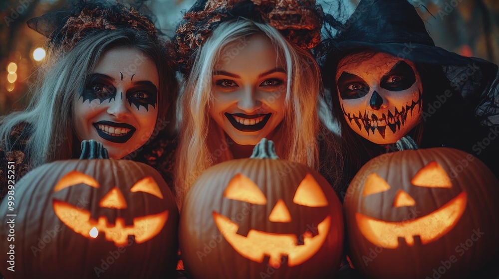 Fototapeta premium Halloween Celebrations with Witches and Pumpkins in an Autumn Forest Setting