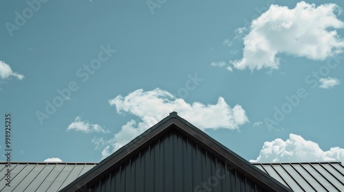 Wallpaper Mural The peak of a black metal roof contrasts sharply with the bright, partly cloudy blue sky, showcasing modern architectural lines. Torontodigital.ca