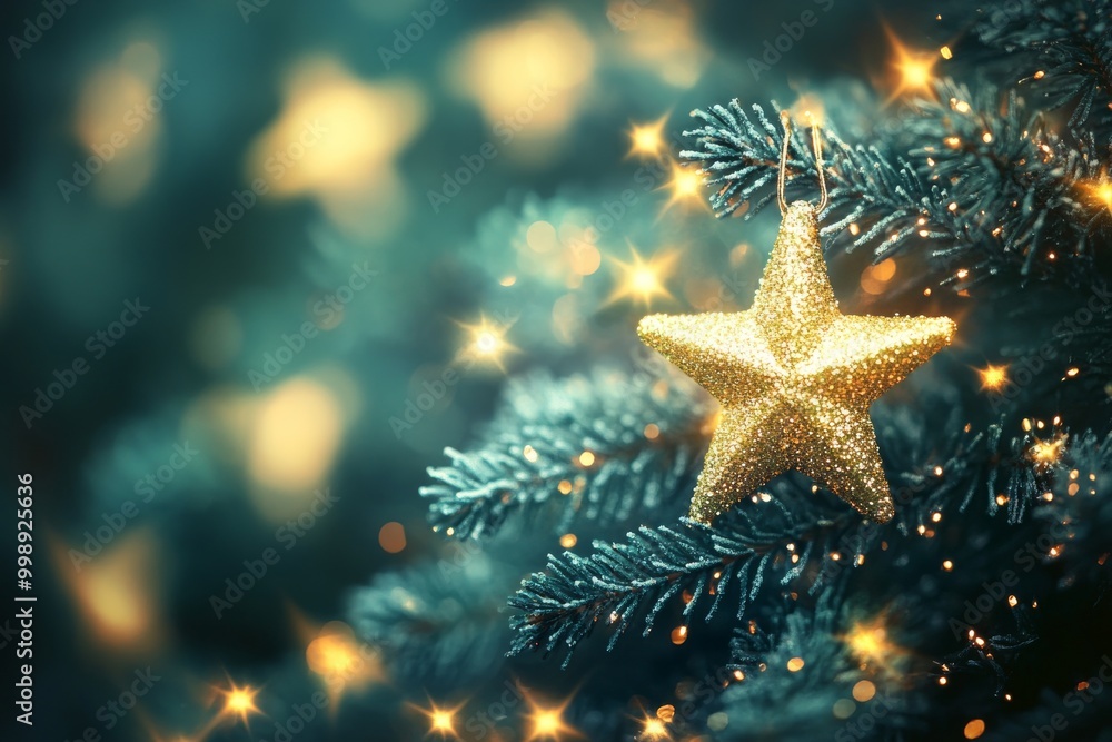 Golden star ornament on a Christmas tree branch with soft-focus glowing bokeh lights, creating a magical and cozy holiday atmosphere full of warmth and festive charm. Golden star ornament on a Christmas tree branch with soft-focus glowing bokeh lights, creating a magical and cozy holiday atmosphere full of warmth and festive charm.