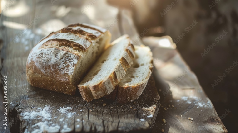 Freshly sliced bread rests on a rustic wooden board, dusted with flour, and bathed in warm, golden sunlight, creating a cozy and inviting scene. Freshly sliced bread rests on a rustic wooden board, dusted with flour, and bathed in warm, golden sunlight, creating a cozy and inviting scene.