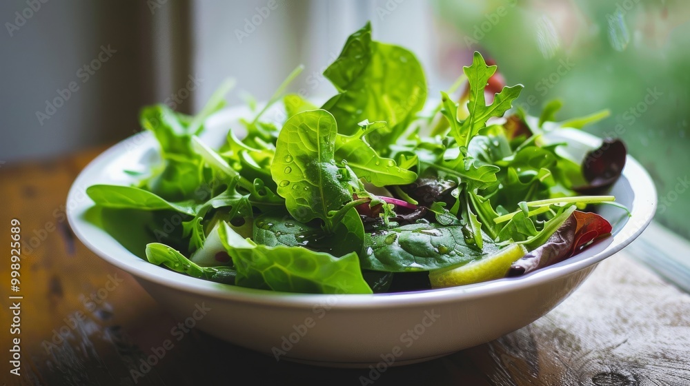 A vibrant green salad with assorted greens, drizzled with water droplets, rests in a white bowl by the window. A vibrant green salad with assorted greens, drizzled with water droplets, rests in a white bowl by the window.